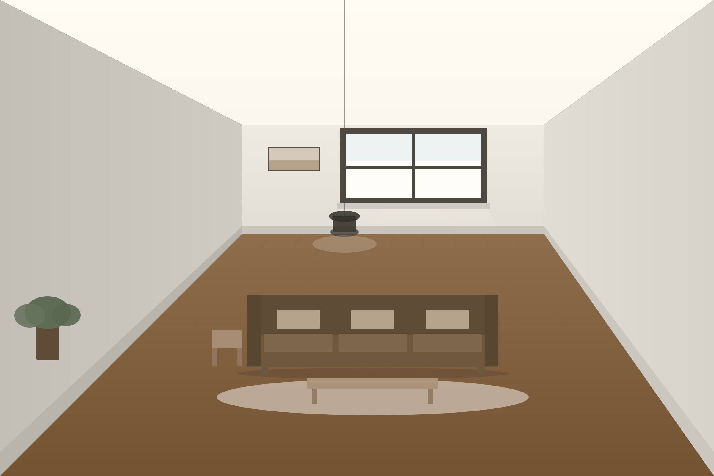 Living room with lime-plaster walls and a low teak bench along the window