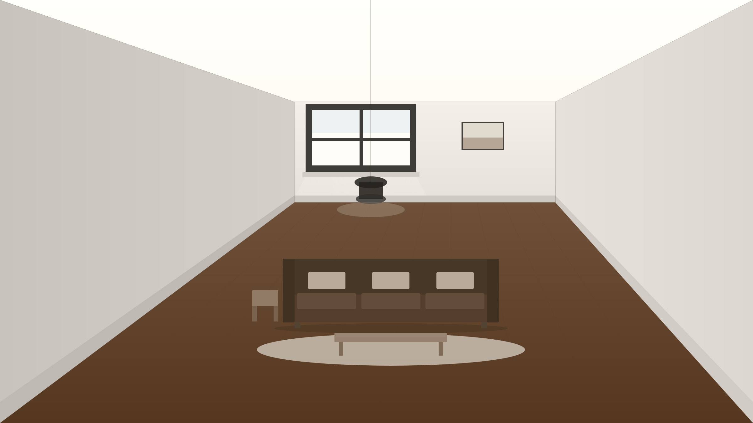 Narrow row house interior with a continuous pale oak storage wall running the full depth of the plan
